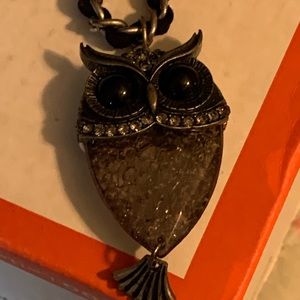 Long owl necklace  silver black